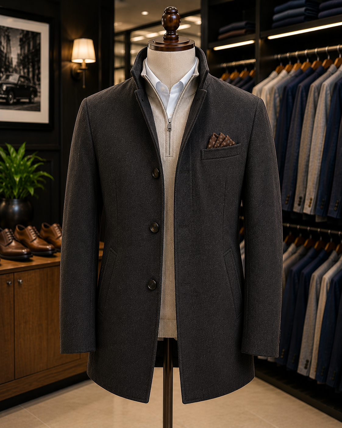 Men's Charcoal Wool Blend Car Coat Sport Jacket