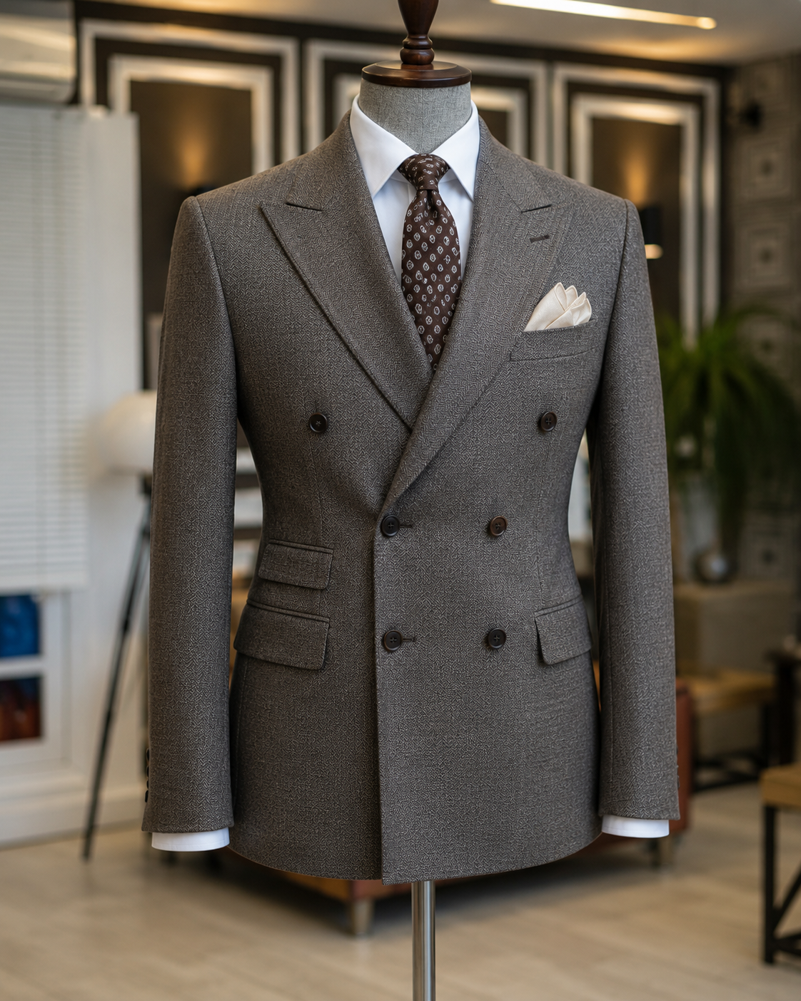 Men's Taupe Herringbone Double Breasted Sport Coat