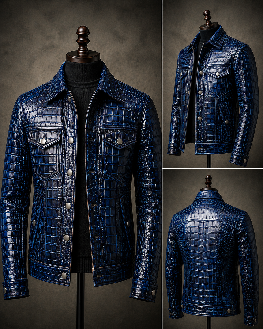 Men's Croco Leather Jacket — Navy Blue