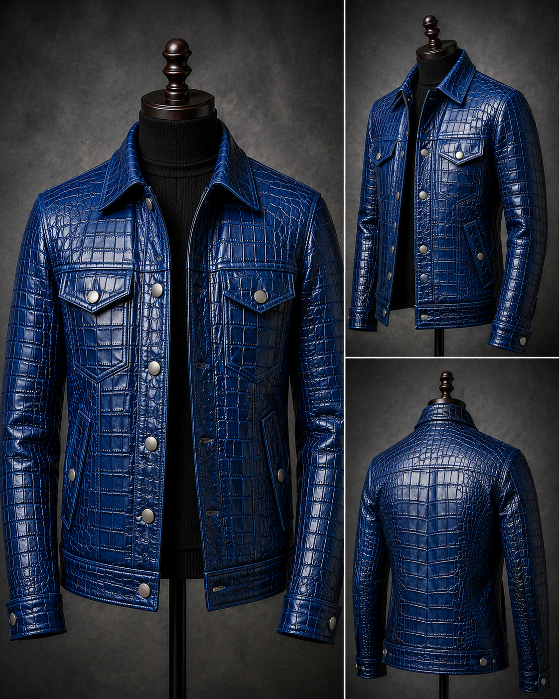 Men's Croco Leather Jacket — Navy Blue II