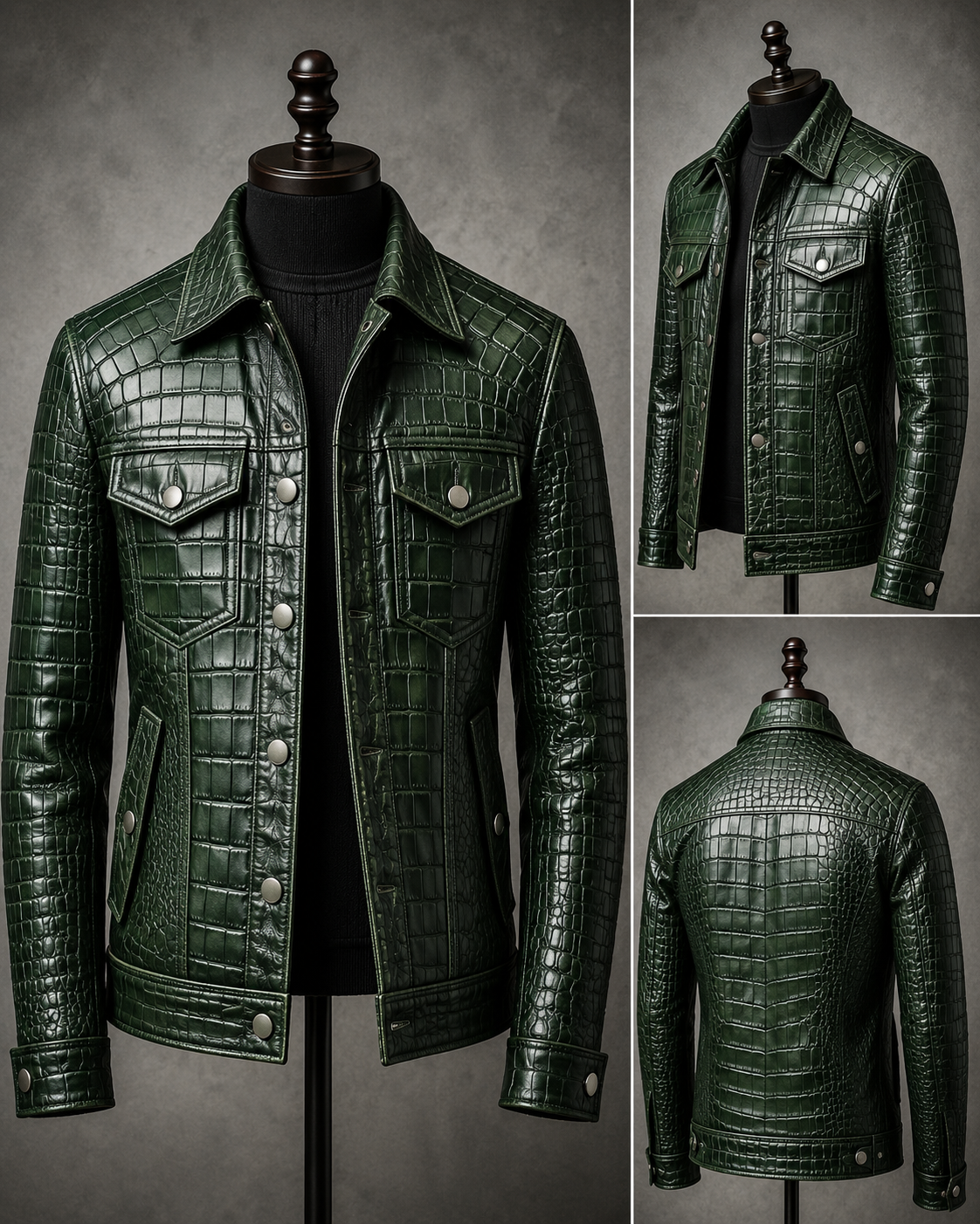 Men's Croco Leather Jacket — Olive Green